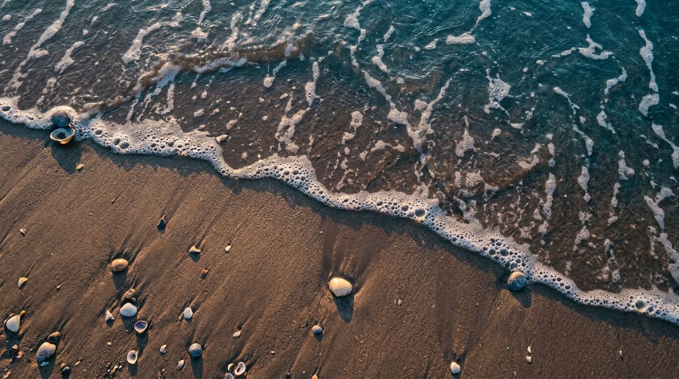 Vista aérea de uma praia ao entardecer, mostrando a linha onde a espuma das ondas encontra a areia molhada com várias conchas espalhadas pela areia.