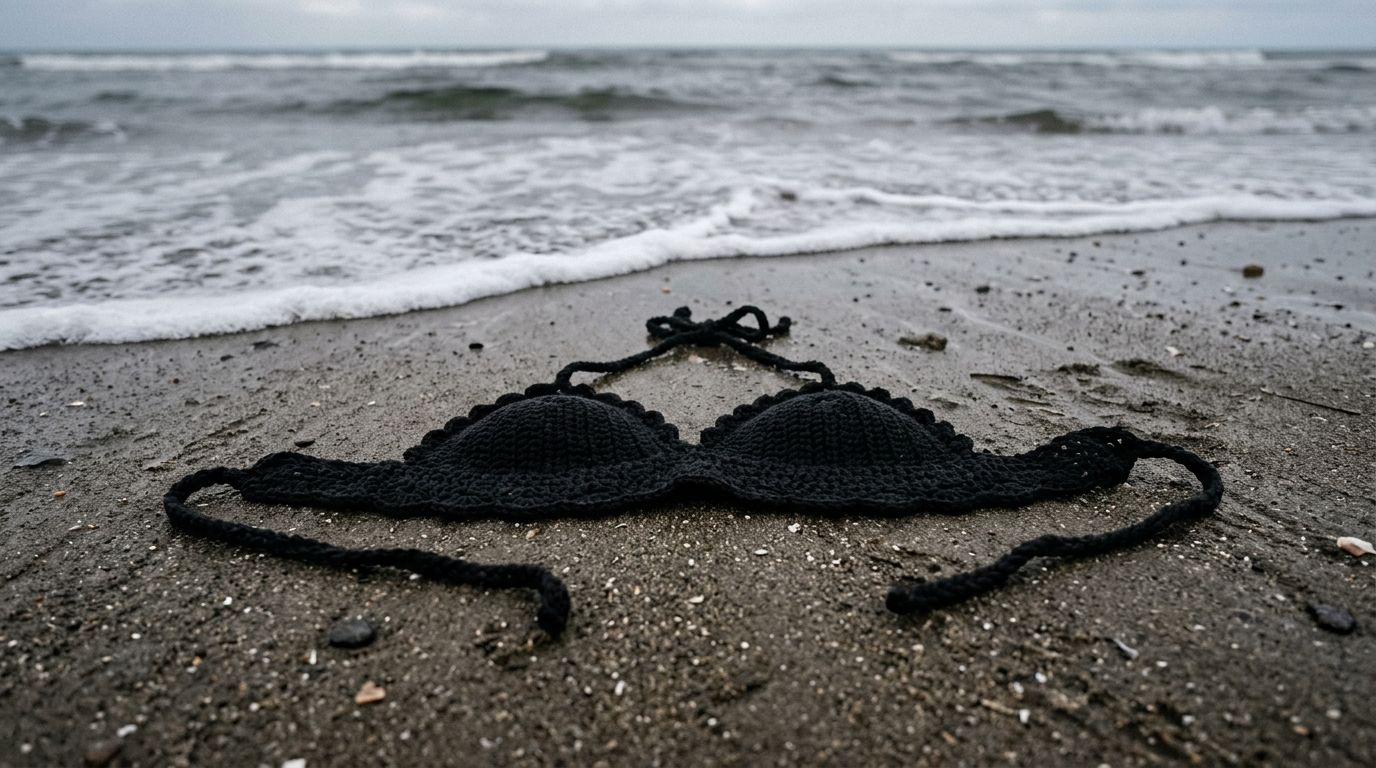 biquíni de crochê preto sobre a areia molhada